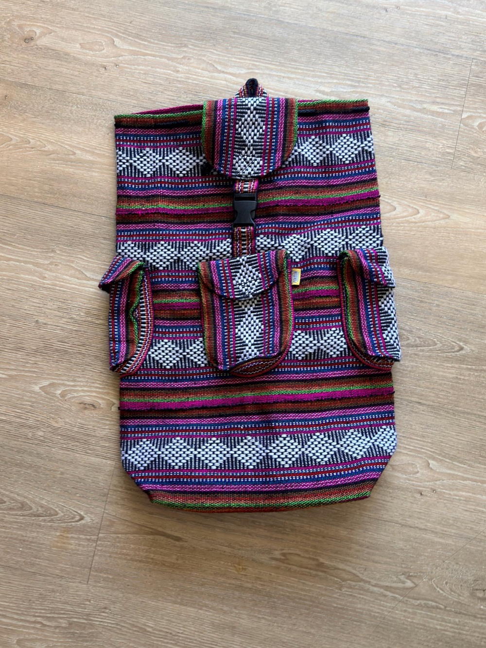Multicolor Woven Travel Backpack — Boho Stripe Design
